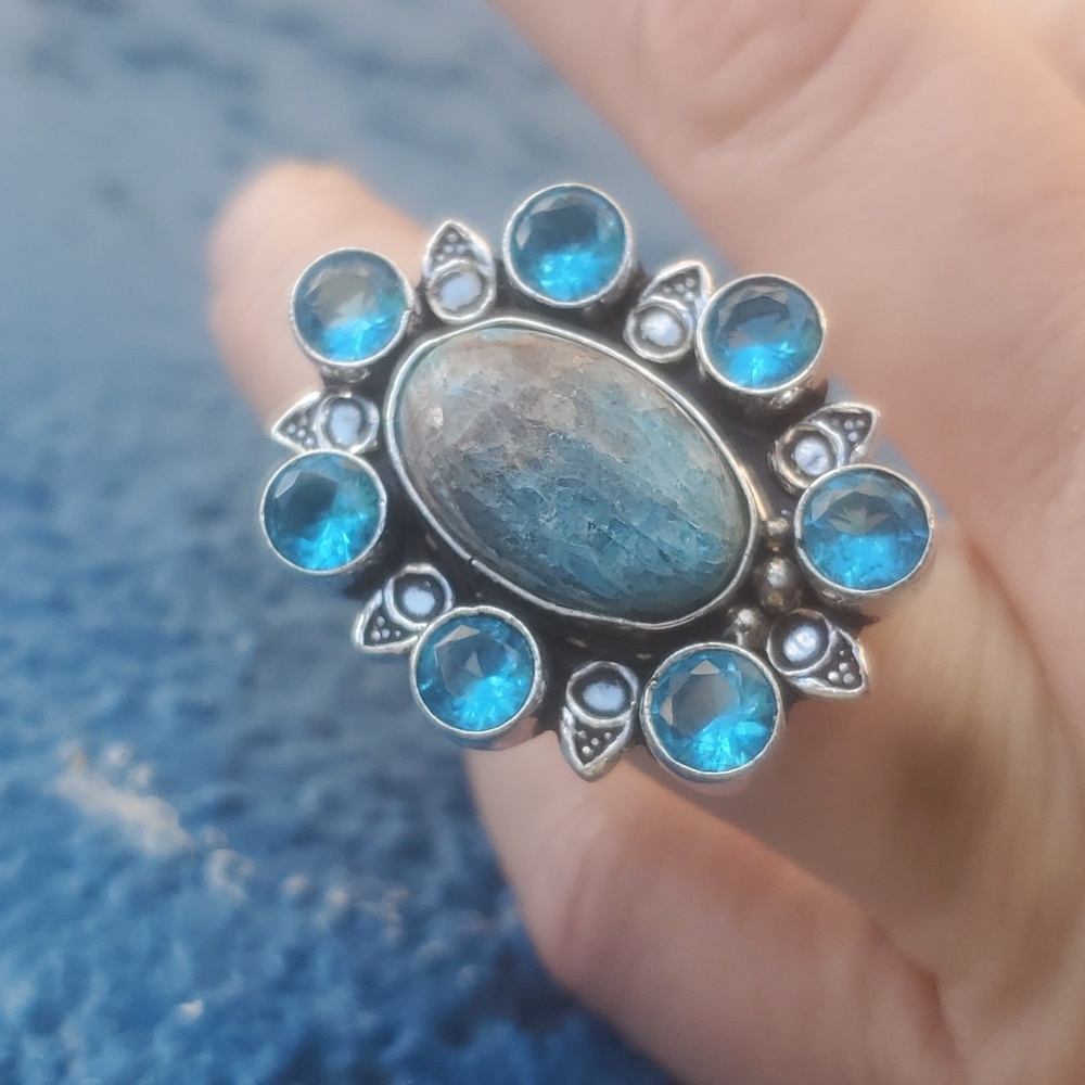 New Blue Apatite & Blue Topaz 925 Silver Statement Ring. - Picture 4 of 14